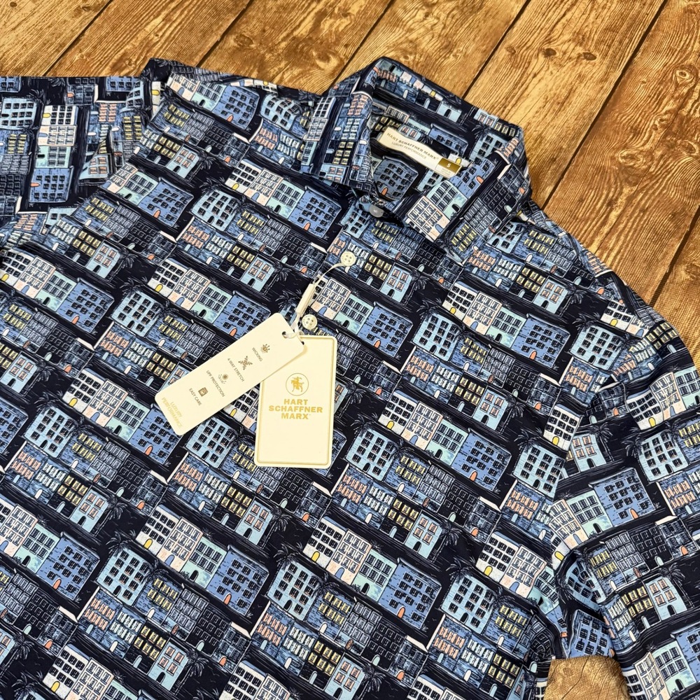 Hart Schaffner Marx Luxury Performance Polo Shirt Mens Small Blue Cityscape NWT